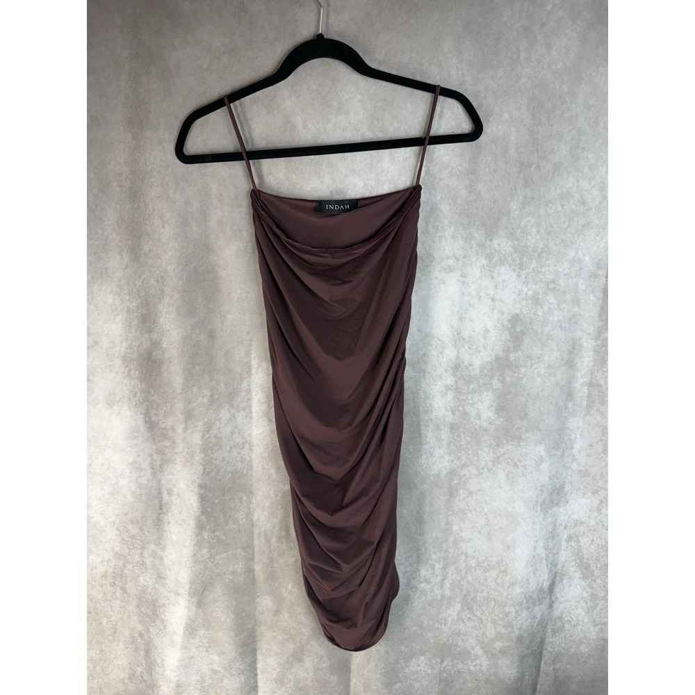 Indah Raquel Ruched Sheer Midi Pull On Skirt In Brown Women's Size S - Picture 2 of 6